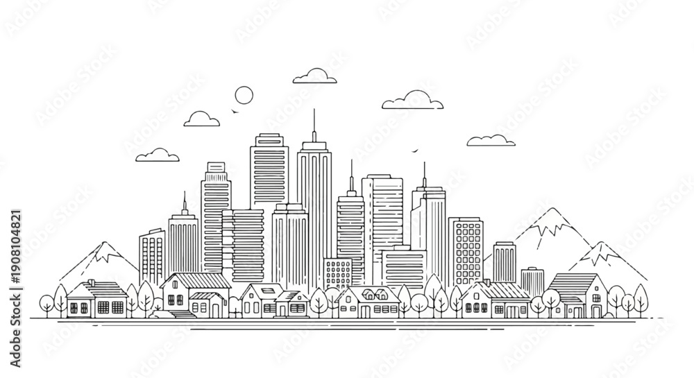 Obraz premium Serene Grayscale Cityscape with Skyscrapers, Mountain Silhouettes, and Cloud-Lit Skyline