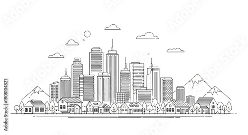 Serene Grayscale Cityscape with Skyscrapers, Mountain Silhouettes, and Cloud-Lit Skyline