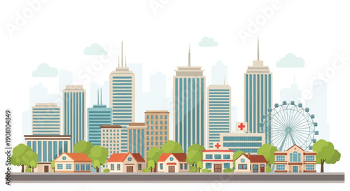 Vibrant Urban Cityscape with Diverse Architecture, Trees, and a Prominent Ferris Wheel in a Stylized Perspective View