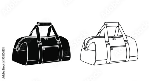 Two duffel bags in contrasting black and white outlines are displayed