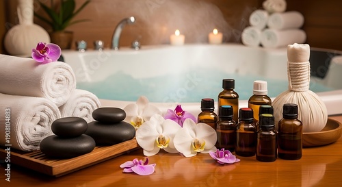 Relaxing spa setup with towels and essential oils illustration