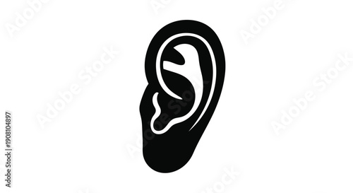 Simple black and white illustration of a human ear against a white background