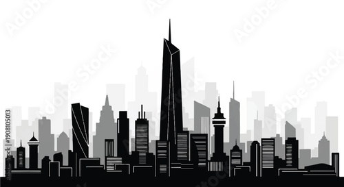 Modern minimalist monochrome skyscraper in dense urban cityscape illustration