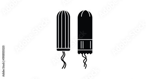 Two black tampons with string depicted as a simple graphic illustration