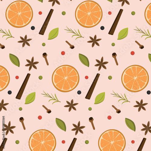 Seamless pattern with spices and herbs, pepper, spicy, paprika, peppercorns, cinnamon, star anise, cardamom, dried oranges, rosemary, cloves