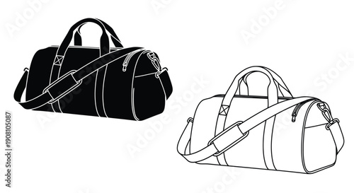 Two duffel bags in contrasting black and white line drawings