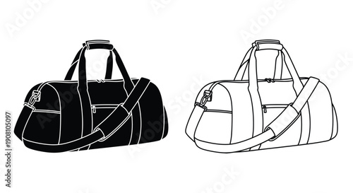 Two duffel bags one black and one white with shoulder straps shown