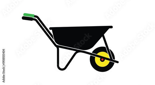 Simple illustration of a black wheelbarrow with a green handle