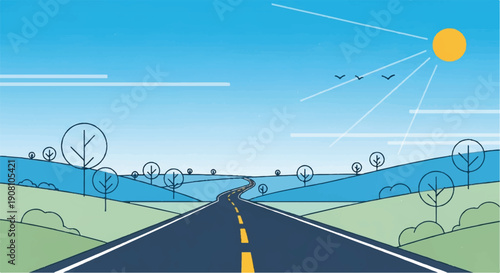 Serene Road Winding Through Rolling Green Hills Under Sunny Sky with Birds in Flight