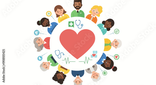 Flat Illustration Diverse Community Around Heart Shape for Healthcare Campaign