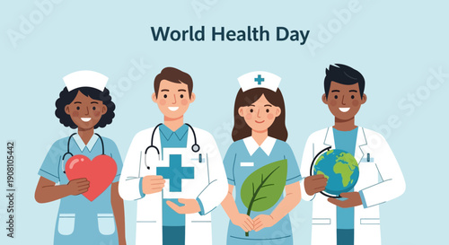 Flat Illustration Diverse Medical Staff Holding Symbol for World Health Day