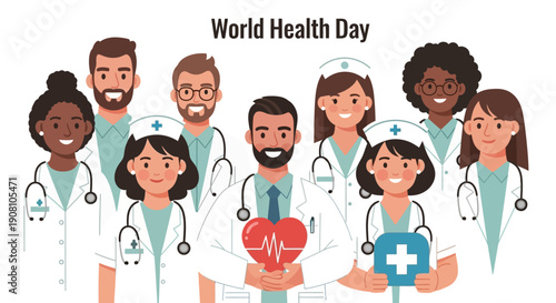 Flat Illustration of Diverse Medical Team Celebrating World Health Day