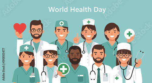 Flat Style Illustration of Diverse Medical Professionals for World Health Day