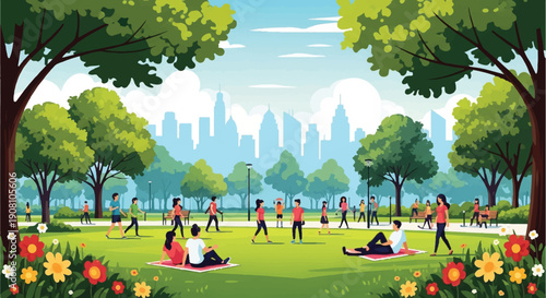Serene Lush Green Park with People, Trees, Flowers, City Skyline, Cartoonish Illustration Against Urban Landscape