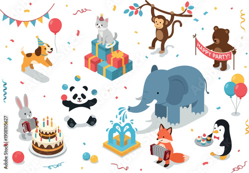 A vibrant celebration featuring animals and festive elements in a joyful scene with cartoon characters and party decorations