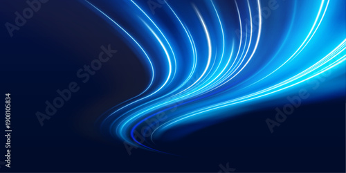 Curved light waves ripple across a dark abstract backdrop, forming loops of energy and flow. Motion blur intensifies speed. Ideal for futuristic vector art.