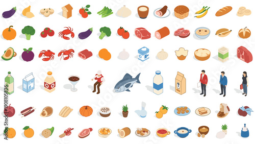 Massive icon set of diverse food items groceries beverages and characters for use in design projects or application interfaces.