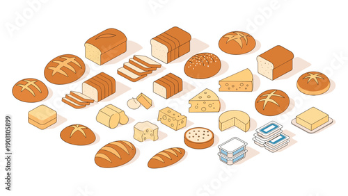 Collection of various bakery and dairy products including different loaves of bread cheese wedges and containers of spread.