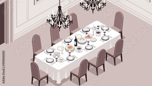 Elegant formal dining room setup featuring a long table with a white tablecloth fine china wine and elaborate chandeliers.