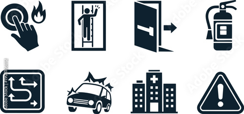 Essential emergency and safety icons including fire alarm, specific exit, car crash, and complex pathway directions