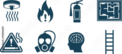 Essential fire and emergency safety icons for workplace protection and general public awareness