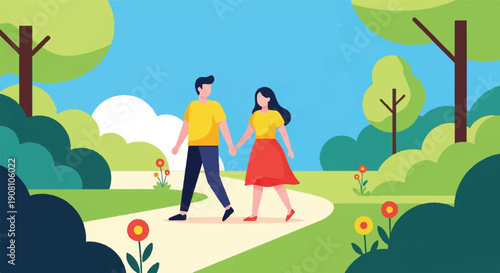 Cartoon couple strolling hand in hand through a sunny park, romantic and serene outdoor scene with vibrant flowers, trees, and cloudless sky