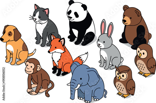 Collection of various animals including mammals and birds displayed together in a graphic illustration
