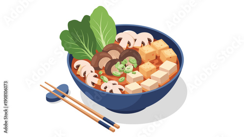 Appetizing vegetarian ramen bowl filled with noodles leafy greens shiitake mushrooms and tofu cubes shown with wooden chopsticks.