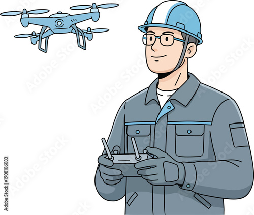 Construction worker operating a drone with a remote controller