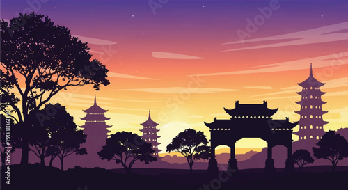Serene Pagoda Silhouetted Against Vibrant Sunset in Peaceful Landscape with Trees and Gate