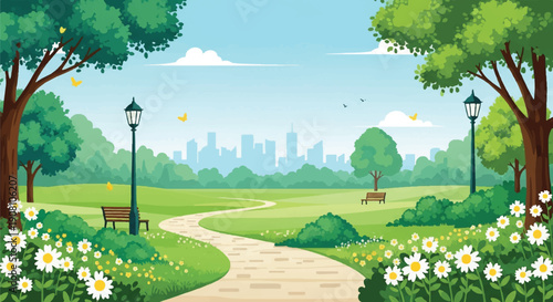 Winding Stone Path Through Lush Green Park with Trees, Streetlights, and Distant City Skyline on a Sunny Day