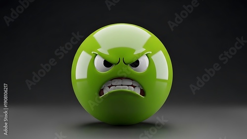 A 3D rendered green sphere with an angry face, set against a dark grey gradient background