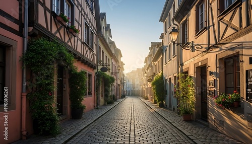 A quaint cobblestone street in a charming european town at sunset illustration
