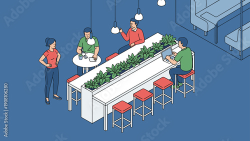 Dynamic social workspace or cafe scene showing several people working and talking at communal tables with integrated greenery.