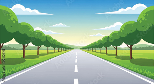 Serene Road Flanked by Symmetrical Trees Under Clear Sky with White Clouds, Peaceful Atmosphere, Vibrant Green Foliage, Gray Asphalt Surface