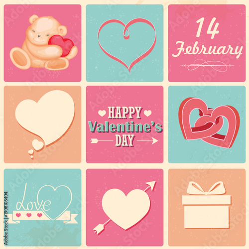 Valentine's Day Vintage Greeting Card Set. Vector Illustration Grid Featuring Retro Love Icons, Teddy Bear with Heart, 14 February Typography, and Cupid's Arrow