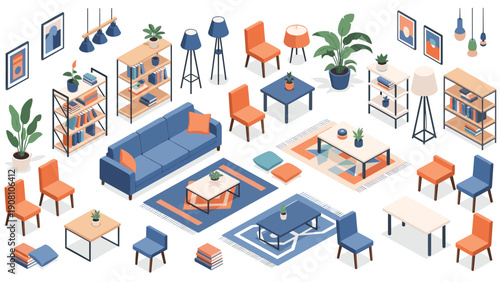 Extensive library of isometric furniture icons including sofas, chairs, shelves, lamps, and decorative green plants for interior design.