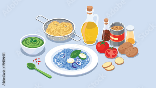 Vibrant assortment of fresh raw ingredients for a delicious Italian pasta meal including spaghetti, tomatoes, olive oil, and herbs.