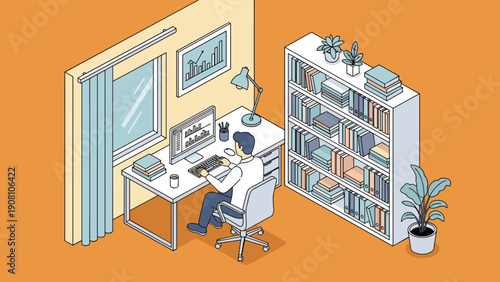 Focused professional man working at a computer station in an organized home office filled with books, plants, and natural light.