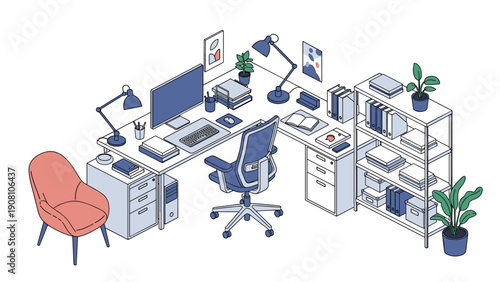 Extensive L-shaped home office desk setup featuring a desktop computer, multiple lamps, shelves, and various storage room solutions.