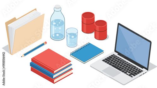 Business desk essentials collection including a modern laptop, spiral notebook, stack of books, water bottle, and a paper filing folder.