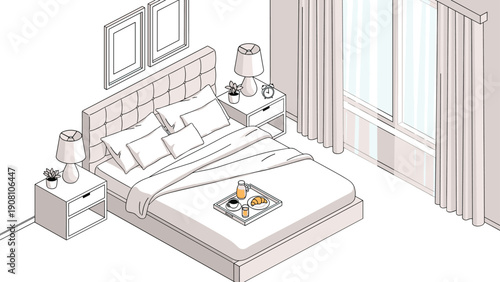 Serene modern bedroom interior design featuring a large comfortable bed with white linens and a healthy breakfast tray on the mattress.
