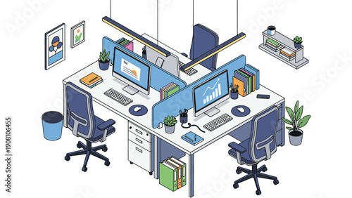 Efficient double office workstation with computer monitors, blue privacy screens, desk lamps, and storage drawers in a clean space.
