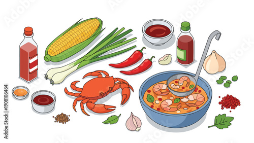 Fresh raw ingredients for a savory seafood soup including a whole crab, shrimp, yellow corn, red chili peppers, garlic, and scallions.