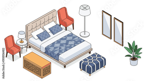 Elegant master bedroom design featuring a plush double bed, decorative bench, ornate chest, mirrors, and soft ambient room lighting.