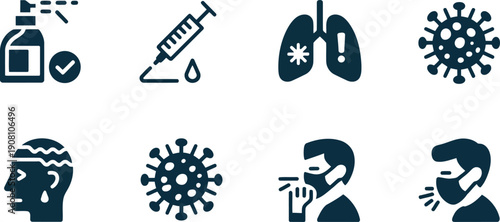 Essential medical icons showing virus particles, symptoms, and protective actions against illness