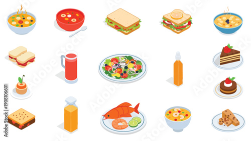Grid of diverse food and drink items including sandwiches, soup, healthy salad, fish, cake, juice, and various savory snack dishes.
