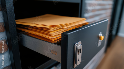 Lockable safe box drawer with stack of yellow envelopes and important documents partially visible, secure storage in modern office environment, safety and confidentiality