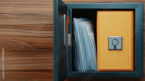 Secure safe box with yellow lockable container and organized documents inside, placed against wooden background, symbolizing security, privacy, and protection of important files