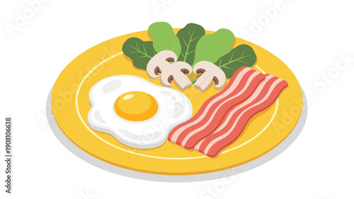 Simple breakfast plate featuring a perfectly fried egg, two strips of bacon, sliced mushrooms, and fresh green baby spinach leaves.